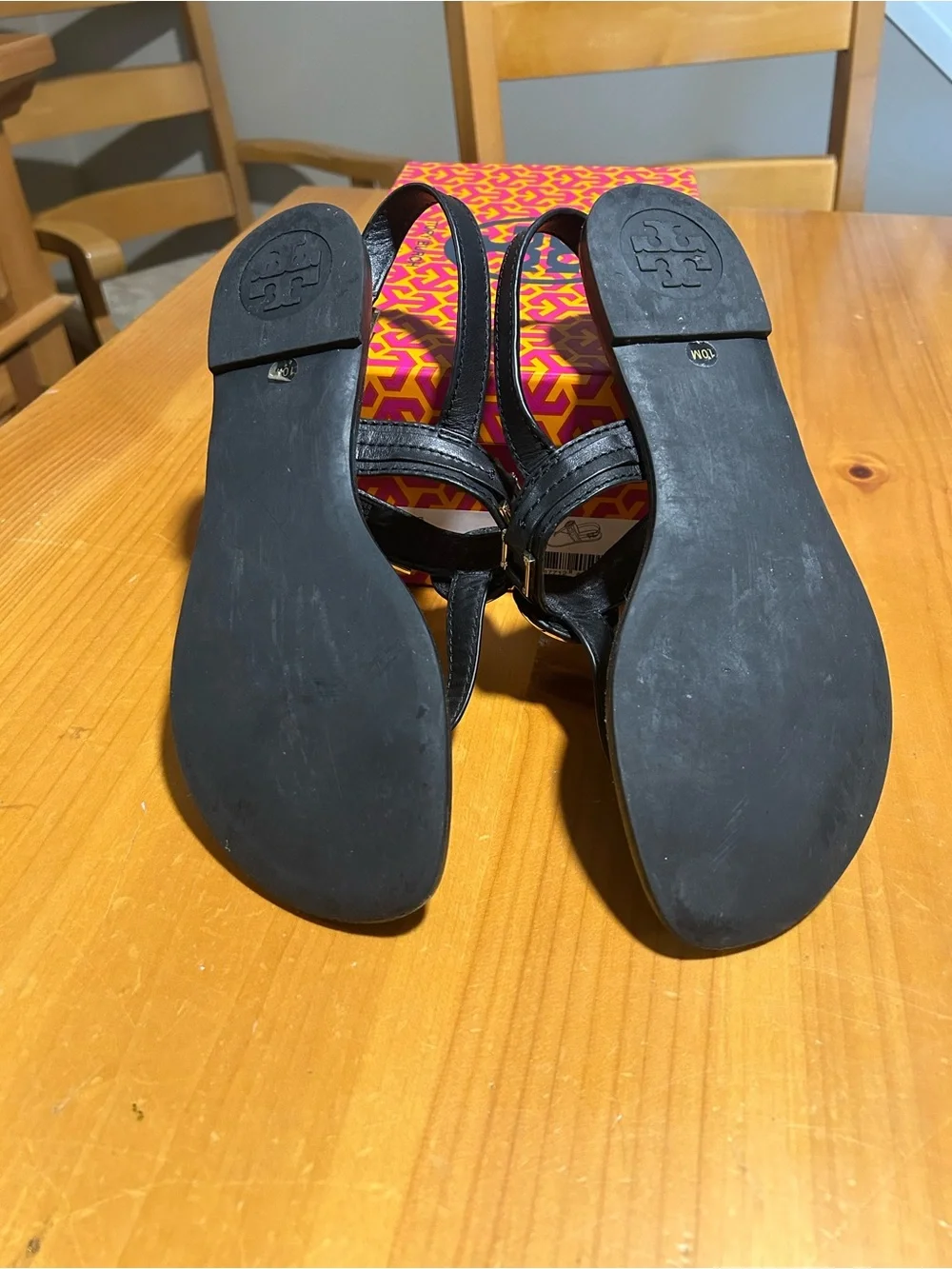 Tory Burch Black Leather Thong Sandals with Gold Logo